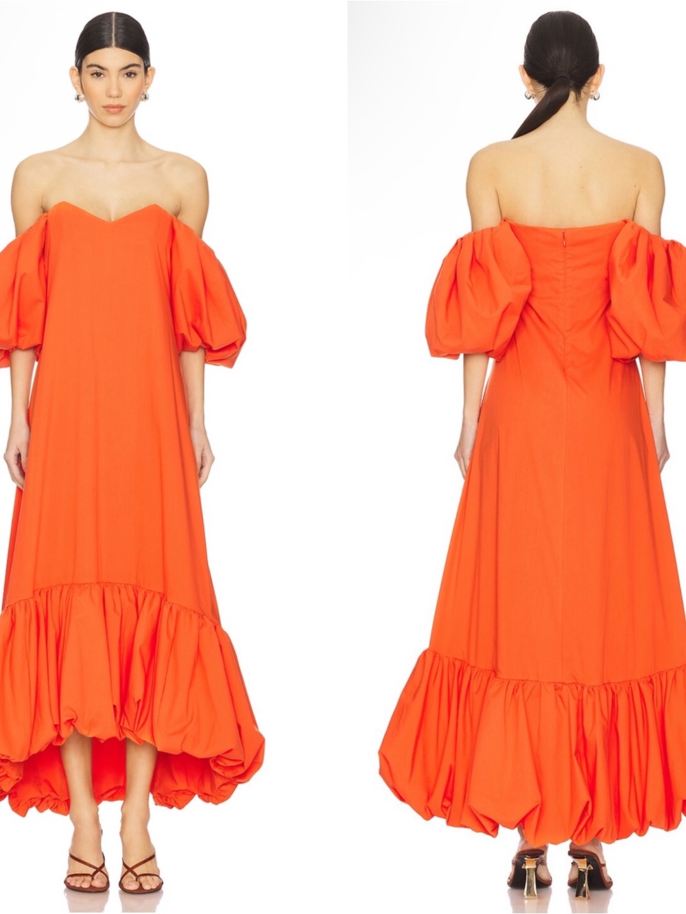 CAROLINE CONSTAS Lucia Off the Shoulder Puff Sleeve Ruffle Hem Orange Maxi Sz L - Picture 2 of 8